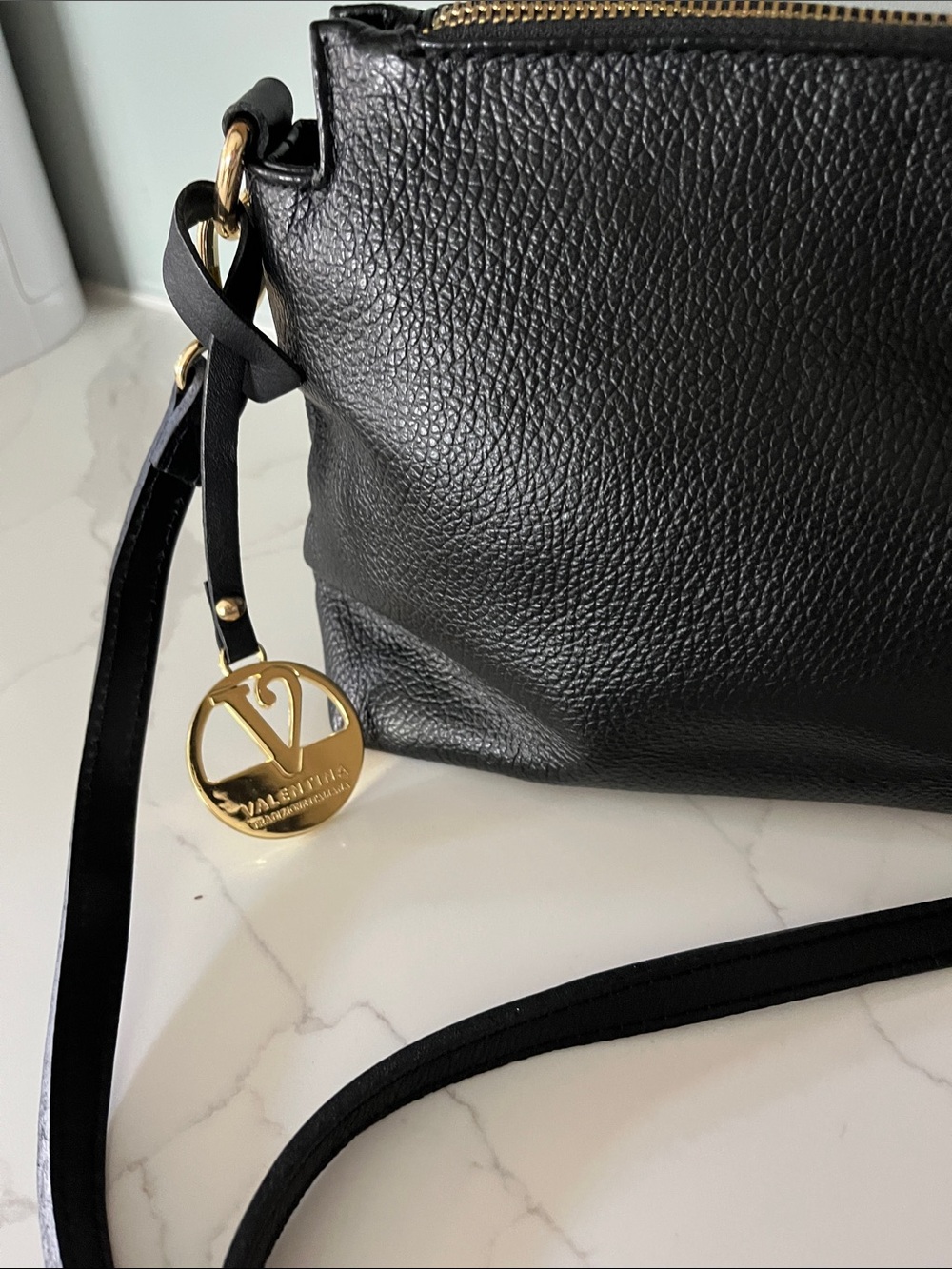 Black genuine Leather Crossbody Bag with Gold Accent